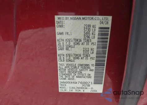 2016 Nissan Frontier Desert Runner/S/Sl/Sv from USA, damaged, VIN 1N6AD0ER4GN760071
